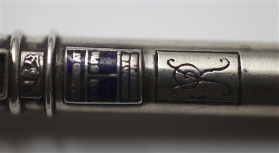 A late Victorian novelty silver and enamel propelling pencil, modelled as a pillar box, 58mm.